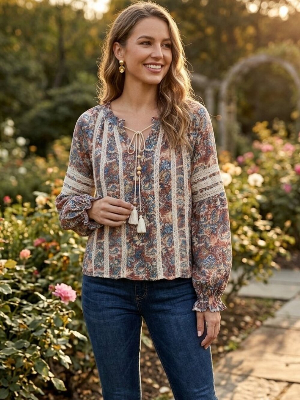 Sundance Boho Peasant Blouse Size S Floral Paisley Lace Tassel Cotton Top